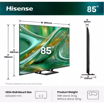 Hisense 85E8S 85 pulgadas ULED 4K Mini LED Smart TV, 3840×2160, 400 cd/m², Wi‑Fi, HomeOS (gris)