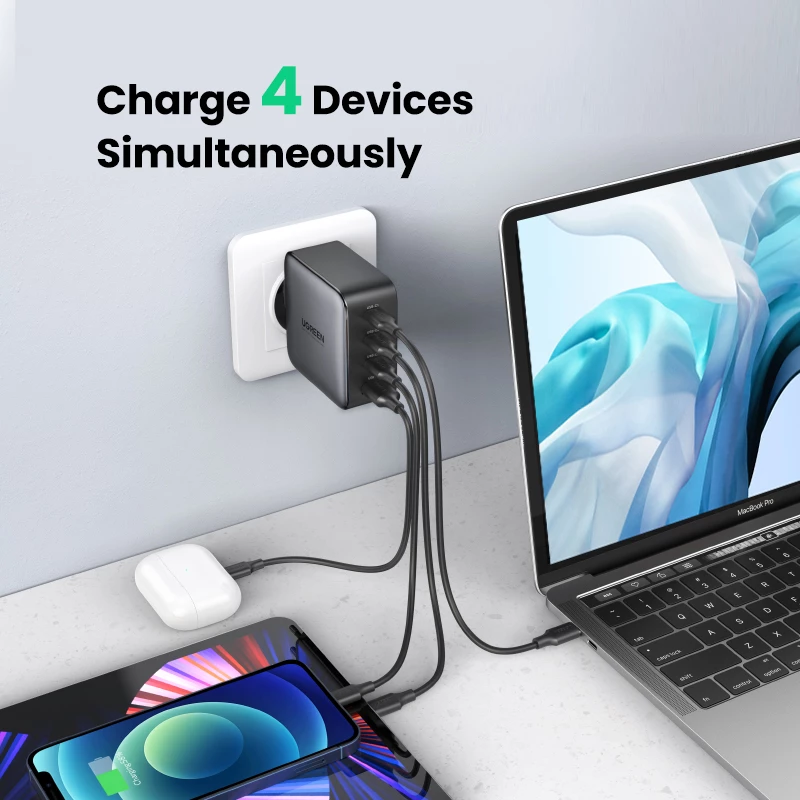 Cargador Ugreen Nexode 100W GaN USB-C USB-A carga rápida 3 puertos