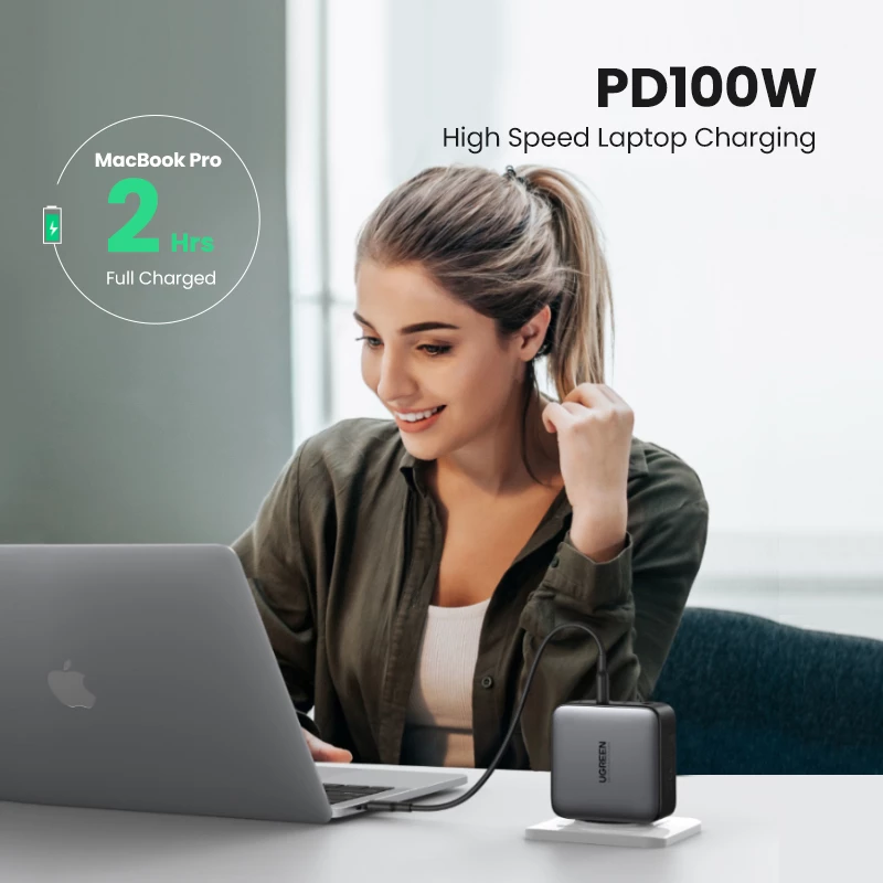 Cargador Ugreen Nexode 100W GaN USB-C USB-A carga rápida 3 puertos