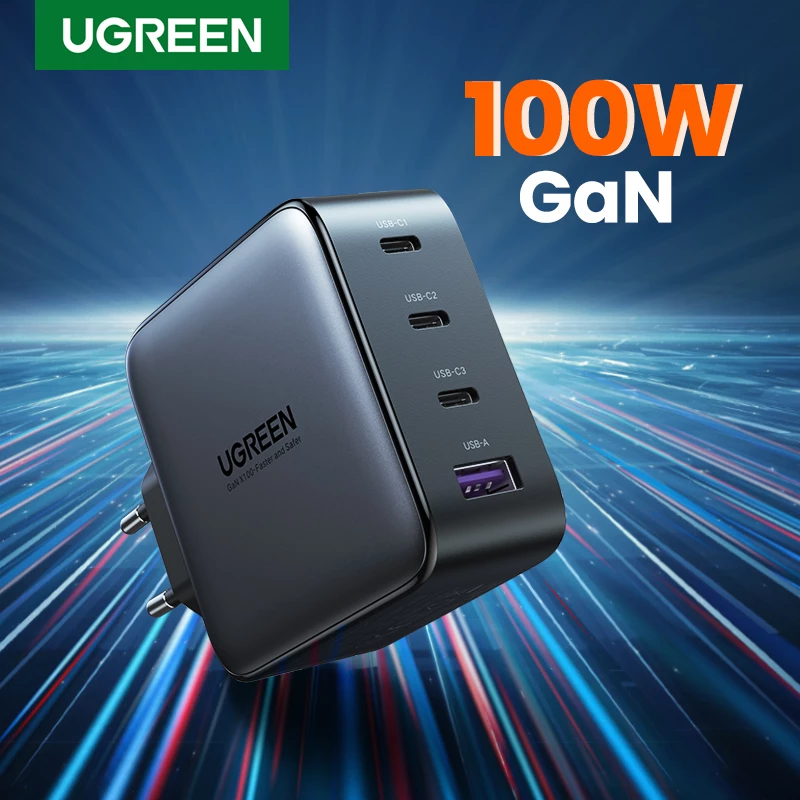 Cargador Ugreen Nexode 100W GaN USB-C USB-A carga rápida 3 puertos