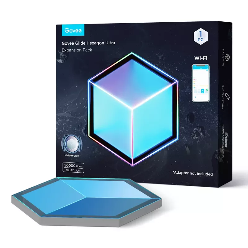 Set de apliques de pared inteligentes Govee Glide Hexagon Light Panels Ultra pack de ampliación – Wi-Fi/Bluetooth, entrada 36 V, gris