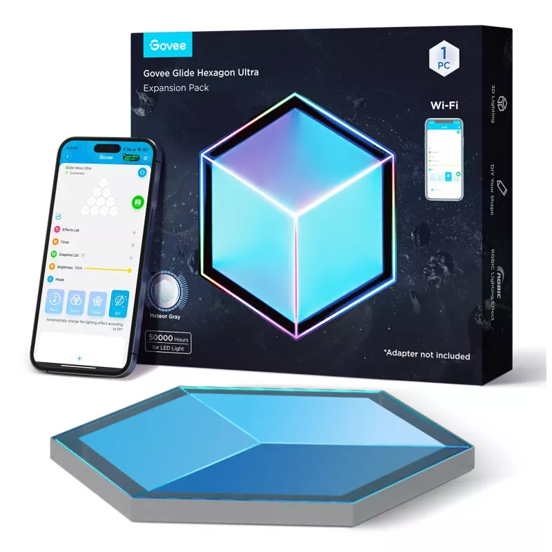 Set de apliques de pared inteligentes Govee Glide Hexagon Light Panels Ultra pack de ampliación – Wi-Fi/Bluetooth, entrada 36 V, gris