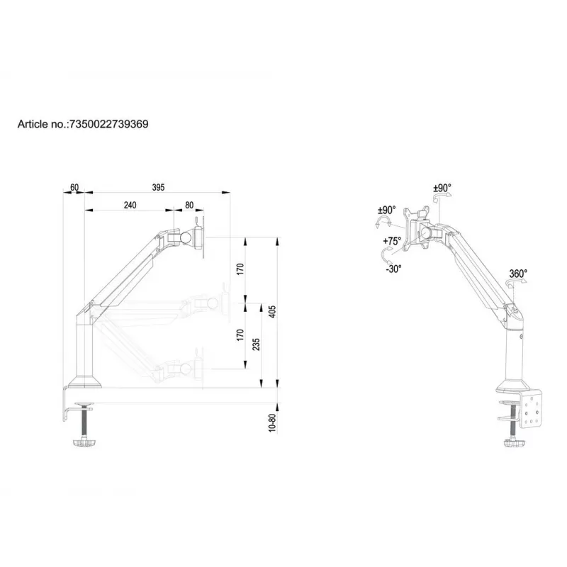 Brazo de gas Multibrackets M VESA para escritorio o pared soporte básico negro pinza/montaje pasante 10 kg