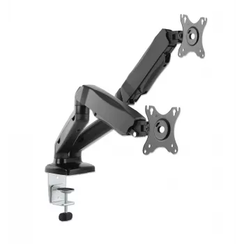 Manhattan Soporte de escritorio dual para TV y monitores (brazo de gas totalmente articulado), para pantallas de 10 a 27 pulgadas, pinza en C o montaje pasante en mesa, compatibilidad VESA: 75x75 y 100x100 mm – Compruebe las dimensiones de los cuatro orificios de montaje en la parte posterior de la pantalla para asegurarse de que encajan, máx. 9 kg (por brazo), soporte