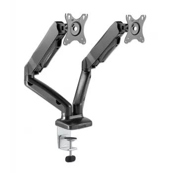 Manhattan Soporte de escritorio dual para TV y monitores (brazo de gas totalmente articulado), para pantallas de 10 a 27 pulgadas, pinza en C o montaje pasante en mesa, compatibilidad VESA: 75x75 y 100x100 mm – Compruebe las dimensiones de los cuatro orificios de montaje en la parte posterior de la pantalla para asegurarse de que encajan, máx. 9 kg (por brazo), soporte