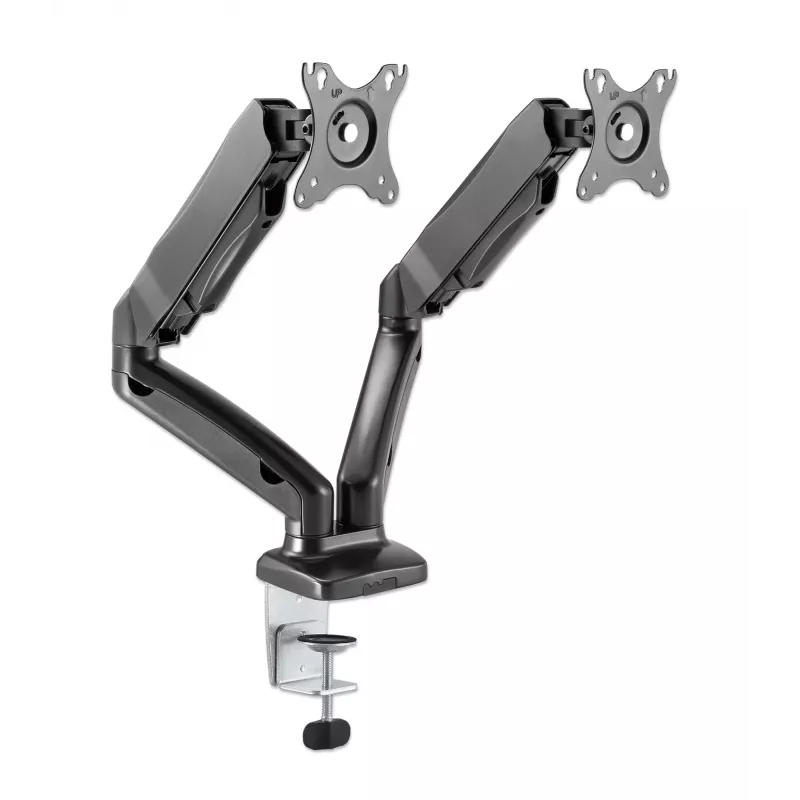 Manhattan Soporte de escritorio dual para TV y monitores (brazo de gas totalmente articulado), para pantallas de 10 a 27 pulgadas, pinza en C o montaje pasante en mesa, compatibilidad VESA: 75x75 y 100x100 mm – Compruebe las dimensiones de los cuatro orificios de montaje en la parte posterior de la pantalla para asegurarse de que encajan, máx. 9 kg (por brazo), soporte