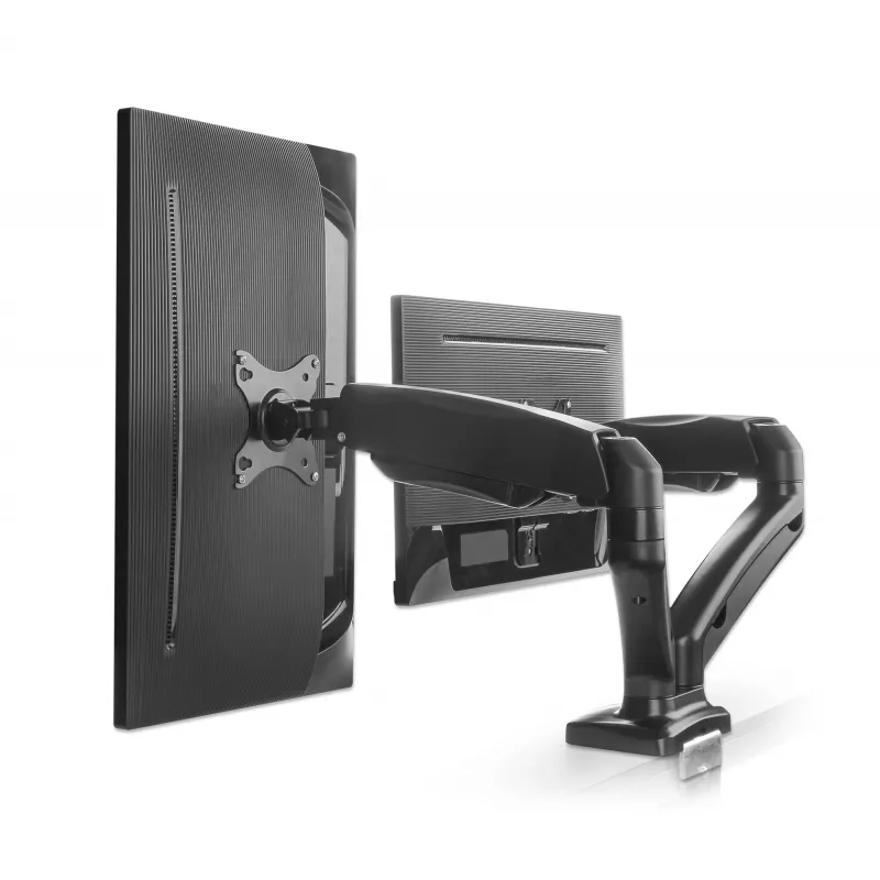 Manhattan Soporte de escritorio dual para TV y monitores (brazo de gas totalmente articulado), para pantallas de 10 a 27 pulgadas, pinza en C o montaje pasante en mesa, compatibilidad VESA: 75x75 y 100x100 mm – Compruebe las dimensiones de los cuatro orificios de montaje en la parte posterior de la pantalla para asegurarse de que encajan, máx. 9 kg (por brazo), soporte