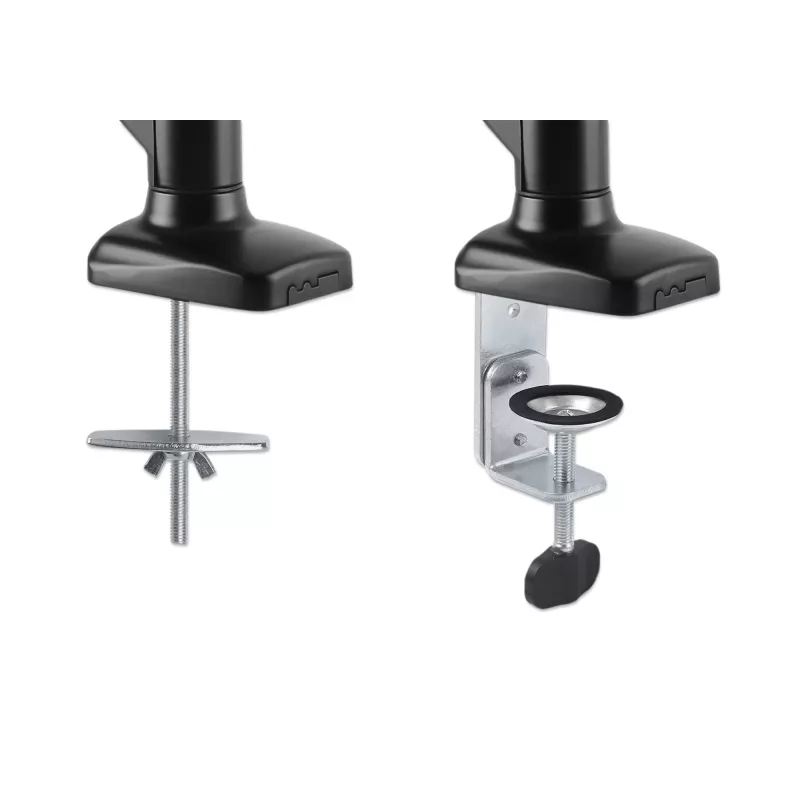Manhattan Soporte de escritorio dual para TV y monitores (brazo de gas totalmente articulado), para pantallas de 10 a 27 pulgadas, pinza en C o montaje pasante en mesa, compatibilidad VESA: 75x75 y 100x100 mm – Compruebe las dimensiones de los cuatro orificios de montaje en la parte posterior de la pantalla para asegurarse de que encajan, máx. 9 kg (por brazo), soporte