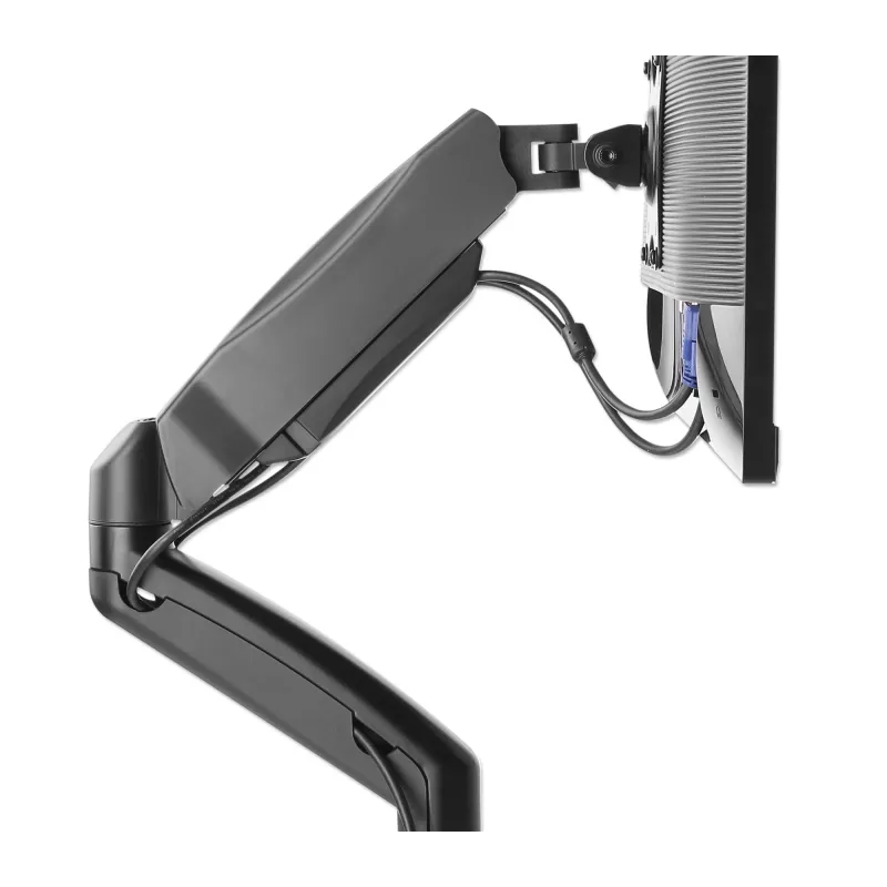 Manhattan Soporte de escritorio dual para TV y monitores (brazo de gas totalmente articulado), para pantallas de 10 a 27 pulgadas, pinza en C o montaje pasante en mesa, compatibilidad VESA: 75x75 y 100x100 mm – Compruebe las dimensiones de los cuatro orificios de montaje en la parte posterior de la pantalla para asegurarse de que encajan, máx. 9 kg (por brazo), soporte