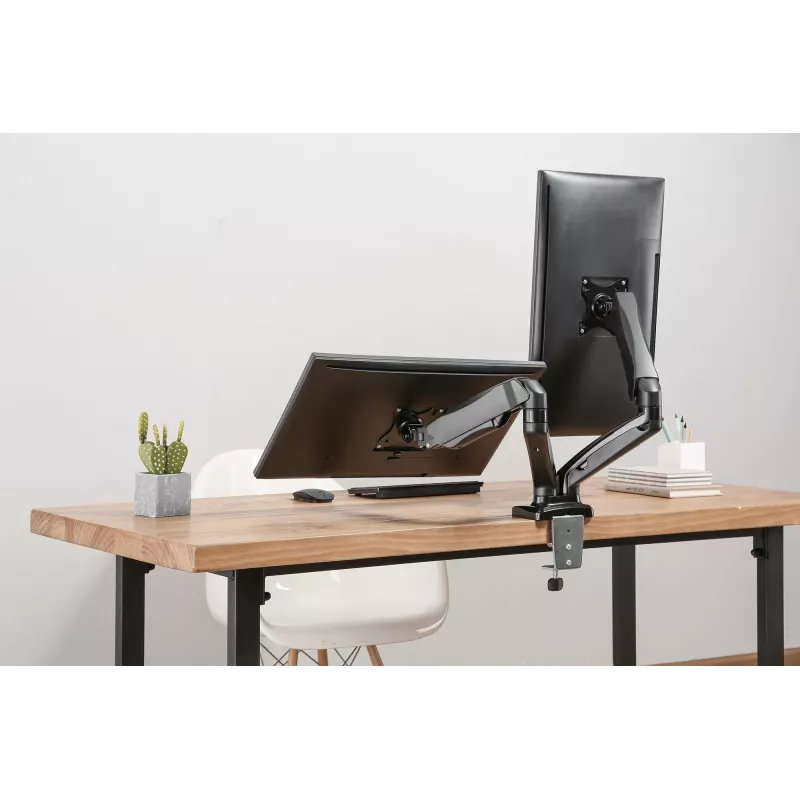 Manhattan Soporte de escritorio dual para TV y monitores (brazo de gas totalmente articulado), para pantallas de 10 a 27 pulgadas, pinza en C o montaje pasante en mesa, compatibilidad VESA: 75x75 y 100x100 mm – Compruebe las dimensiones de los cuatro orificios de montaje en la parte posterior de la pantalla para asegurarse de que encajan, máx. 9 kg (por brazo), soporte