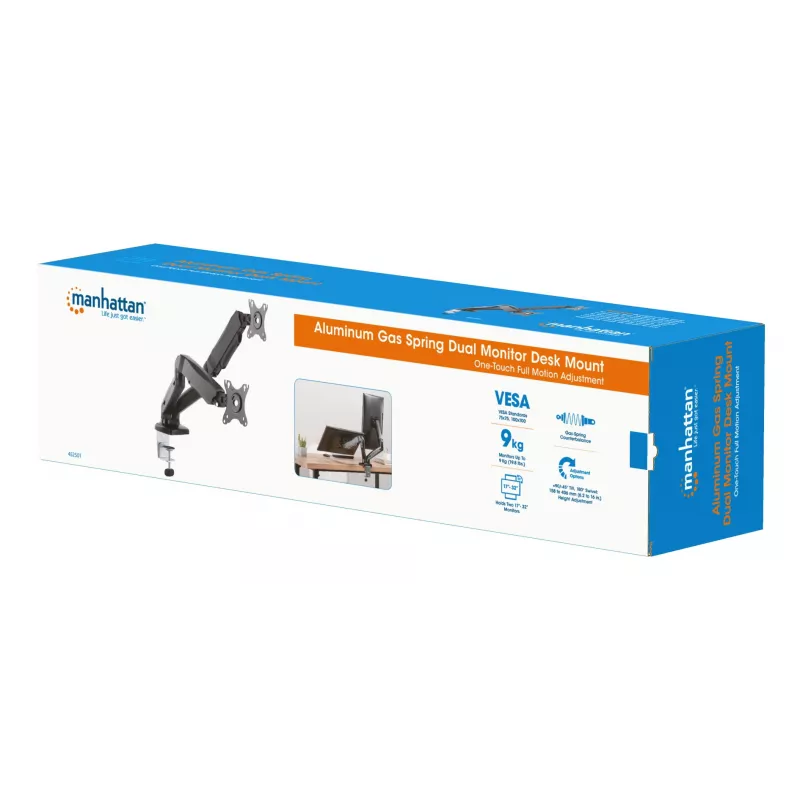 Manhattan Soporte de escritorio dual para TV y monitores (brazo de gas totalmente articulado), para pantallas de 10 a 27 pulgadas, pinza en C o montaje pasante en mesa, compatibilidad VESA: 75x75 y 100x100 mm – Compruebe las dimensiones de los cuatro orificios de montaje en la parte posterior de la pantalla para asegurarse de que encajan, máx. 9 kg (por brazo), soporte