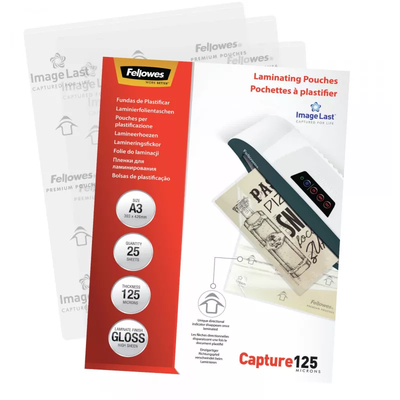 Fellowes ImageLast A3 125 micras Fundas de laminar - pack de 25, brillante, transparente, A3, 0,125 mm, 436 mm, 310 mm