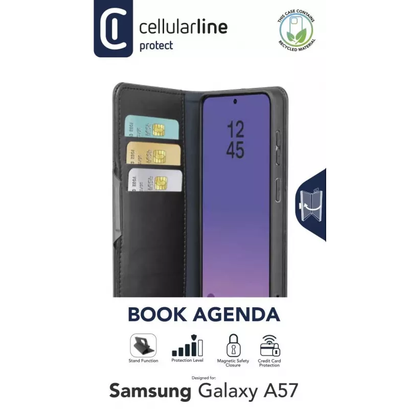 Cellularline Book Agenda 2 - Funda estilo libro de piel sintética para Galaxy A57 con cierre magnético, función de soporte y protección RFID/NFC para tarjetas sin contacto.
