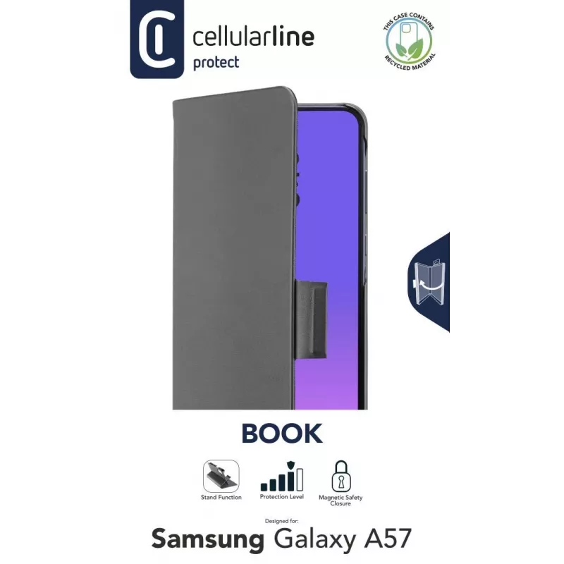 Cellularline Book - Funda estilo libro para Galaxy A57 con compartimento para tarjetas, cierre magnético y acceso completo a botones y conexiones.