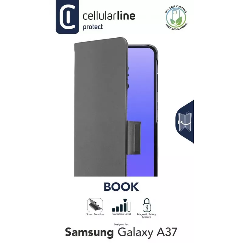 Cellularline BOOK 3 – Funda estilo libro para Galaxy A37 con cierre magnético, compartimento para tarjetas y extracción sencilla de tarjetas. Protege tu teléfono sin bloquear el acceso a botones y conexiones.
