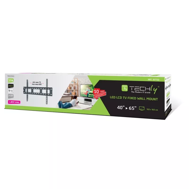 Techly Soporte de pared para TV LED LCD ultra fina 40-65 pulgadas, 101,6 cm (40 pulgadas), 165,1 cm (65 pulgadas), 100 x 100 mm, 600 x 400 mm, Metal, Negro