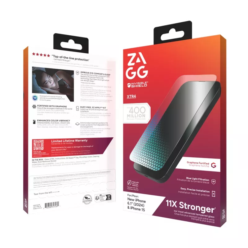 InvisibleShield Glass XTR4 Apple iPhone 16/15 pantalla, Apple, iPhone 16/iPhone 15, antibacteriano, protección luz azul, resistente al polvo, resistente a arañazos, transparente, 1 ud.