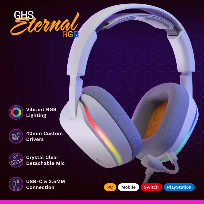 Glorious Gaming Glorious GHS Eternal - auriculares gaming estéreo RGB para PC, PS5, PS4, Switch - drivers angulares ajustados individualmente, micrófono extraíble ajustable y cristalino, USB-C - duraderos, comodidad para todo el día y la noche - blanco