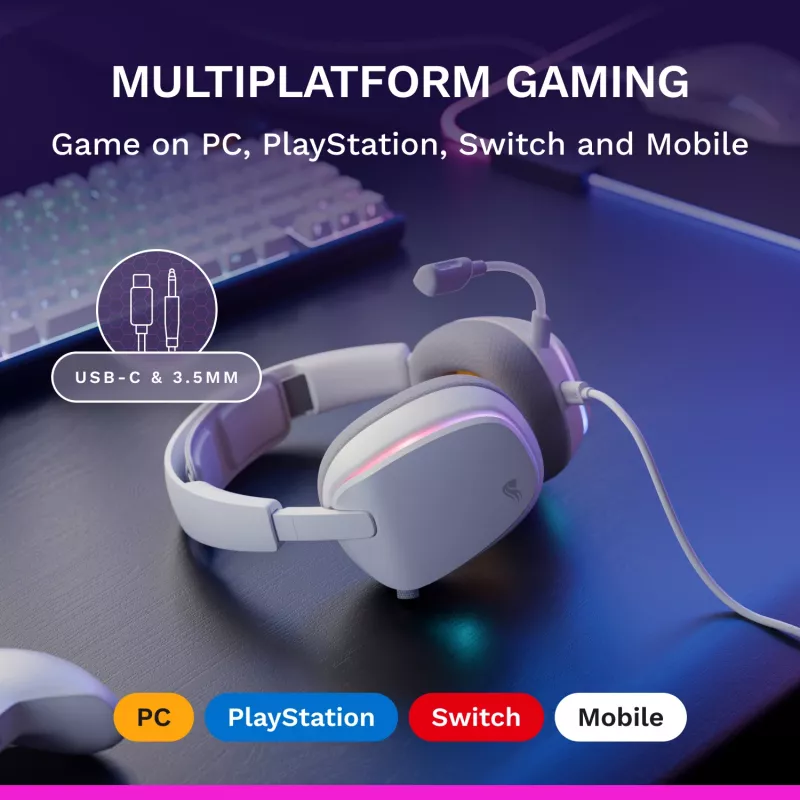 Glorious Gaming Glorious GHS Eternal - auriculares gaming estéreo RGB para PC, PS5, PS4, Switch - drivers angulares ajustados individualmente, micrófono extraíble ajustable y cristalino, USB-C - duraderos, comodidad para todo el día y la noche - blanco