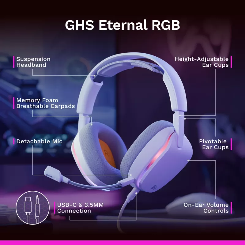 Glorious Gaming Glorious GHS Eternal - auriculares gaming estéreo RGB para PC, PS5, PS4, Switch - drivers angulares ajustados individualmente, micrófono extraíble ajustable y cristalino, USB-C - duraderos, comodidad para todo el día y la noche - blanco
