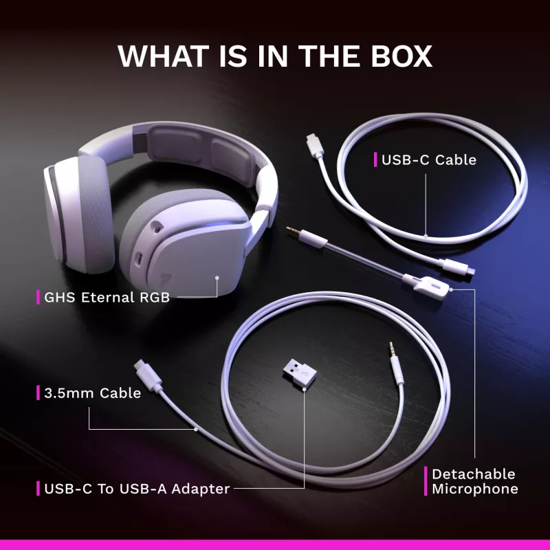 Glorious Gaming Glorious GHS Eternal - auriculares gaming estéreo RGB para PC, PS5, PS4, Switch - drivers angulares ajustados individualmente, micrófono extraíble ajustable y cristalino, USB-C - duraderos, comodidad para todo el día y la noche - blanco