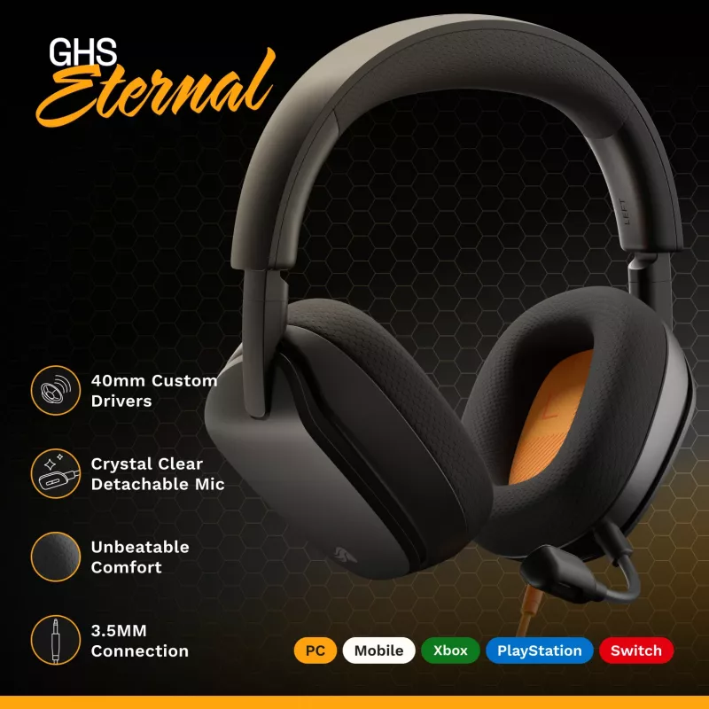 Glorious Gaming Glorious GHS Eternal - auriculares gaming estéreo para PC, PS5, PS4, Xbox, Switch - drivers angulares ajustados específicamente, micrófono extraíble ajustable y cristalino, 3,5 mm - robustos, comodidad para todo el día y la noche - negro