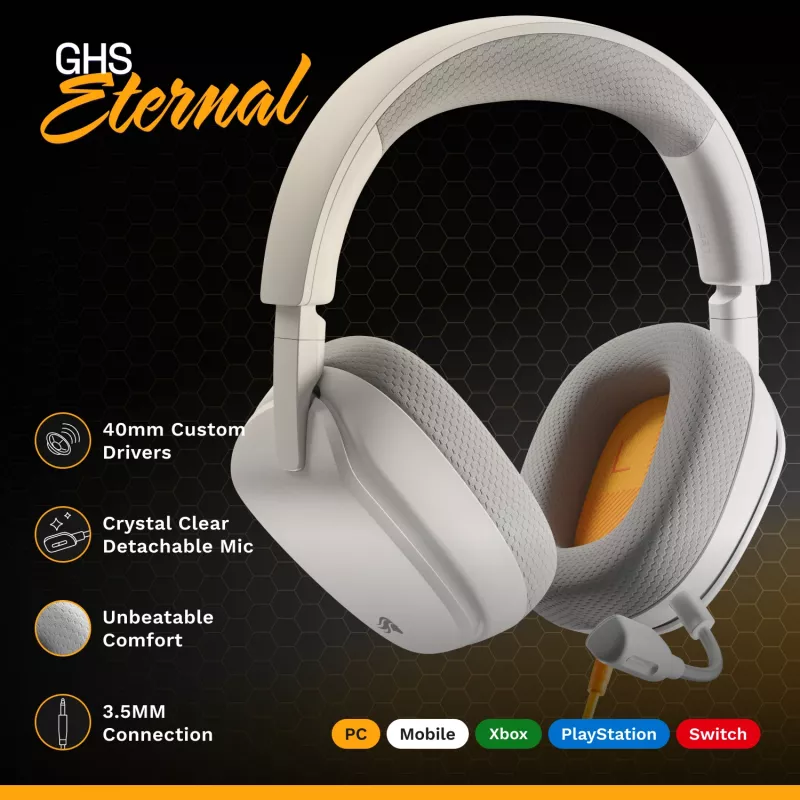 Glorious Gaming Glorious GHS Eternal - auriculares gaming estéreo para PC, PS5, PS4, Xbox, Switch - drivers angulares ajustados específicamente, micrófono extraíble ajustable y cristalino, 3,5 mm - duraderos, comodidad para todo el día y la noche - blanco