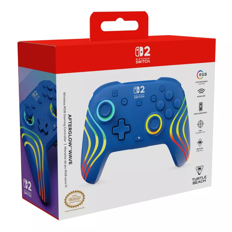 Mando con cable e inalámbrico Turtle Beach Afterglow Wave azul para Nintendo Switch 2 – Bluetooth/USB-C, RGB, batería integrada de 20 horas, cable de 3 m