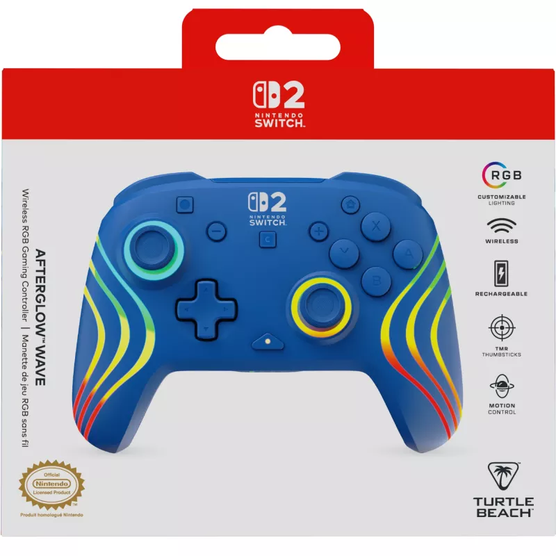 Mando con cable e inalámbrico Turtle Beach Afterglow Wave azul para Nintendo Switch 2 – Bluetooth/USB-C, RGB, batería integrada de 20 horas, cable de 3 m