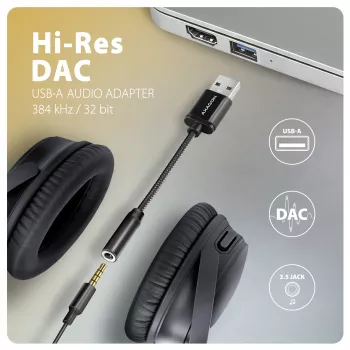 Axagon ADA-HA adaptador de audio USB-A a jack de 3,5 mm DAC Hi-Res, 384 kHz/32 bits, estéreo
