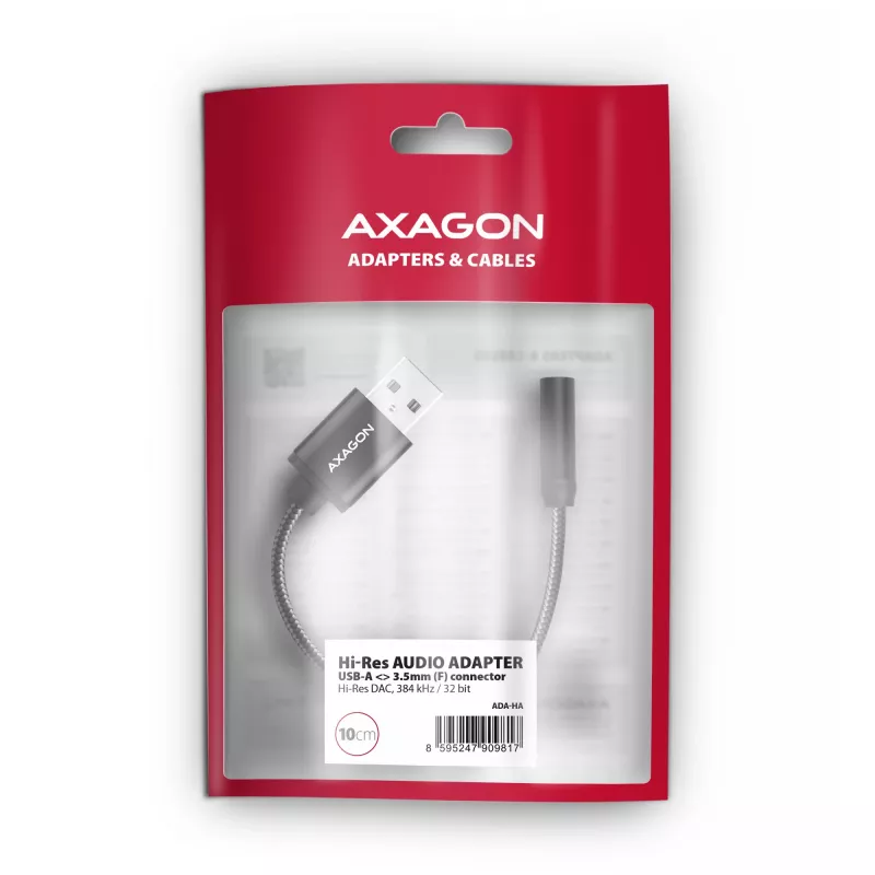 Axagon ADA-HA adaptador de audio USB-A a jack de 3,5 mm DAC Hi-Res, 384 kHz/32 bits, estéreo