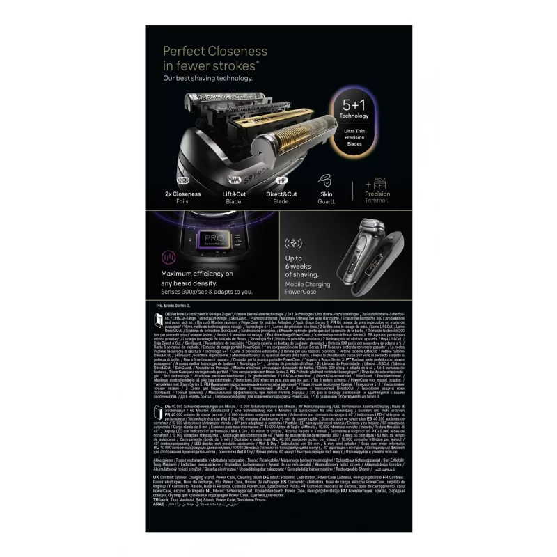 Afeitadora de lámina Braun Series 9 Pro+ 9625s – grafito, 5 cabezales de afeitado, batería de Li‑Ion, recortadora, húmedo y seco