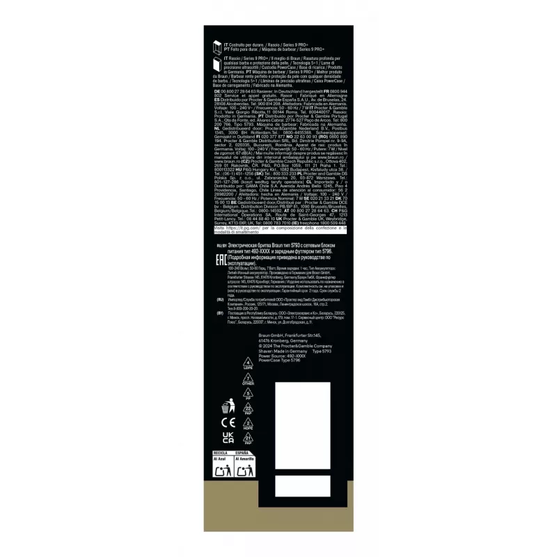 Afeitadora de lámina Braun Series 9 Pro+ 9625s – grafito, 5 cabezales de afeitado, batería de Li‑Ion, recortadora, húmedo y seco