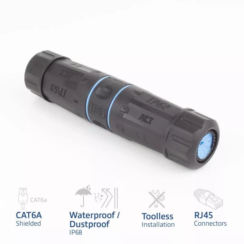 ACT Acoplador RJ45 IP68 para exterior CAT6A blindado SD6522, acoplador Ethernet en línea CAT6A blindado