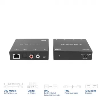 Set extensor de audio ACT AC7710 — digital/analógico por Cat5e/Cat6 con DAC, TOSLINK I/O, hasta 300 m, alimentado por USB 5V