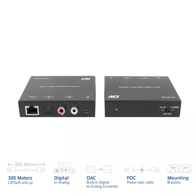 Set extensor de audio ACT AC7710 — digital/analógico por Cat5e/Cat6 con DAC, TOSLINK I/O, hasta 300 m, alimentado por USB 5V