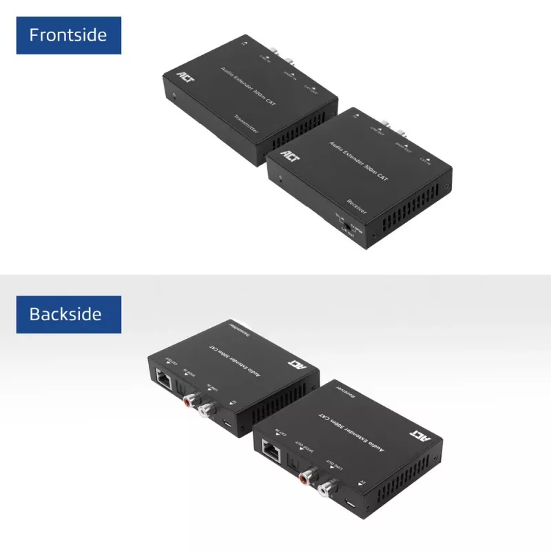 Set extensor de audio ACT AC7710 — digital/analógico por Cat5e/Cat6 con DAC, TOSLINK I/O, hasta 300 m, alimentado por USB 5V