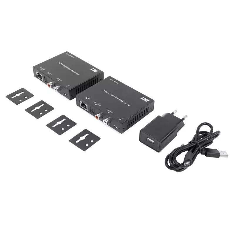 Set extensor de audio ACT AC7710 — digital/analógico por Cat5e/Cat6 con DAC, TOSLINK I/O, hasta 300 m, alimentado por USB 5V