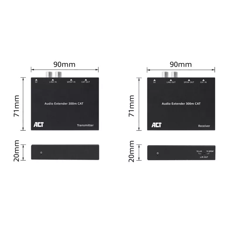 Set extensor de audio ACT AC7710 — digital/analógico por Cat5e/Cat6 con DAC, TOSLINK I/O, hasta 300 m, alimentado por USB 5V
