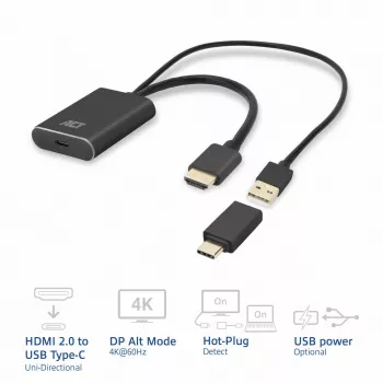 ACT Adaptador HDMI a conector hembra USB Type-C, 4K@60Hz. Longitud del cable: 0,25 m, conexión 1: USB Type-C, conexión 2: HDMI + USB. Cantidad por paquete: 1 ud.
