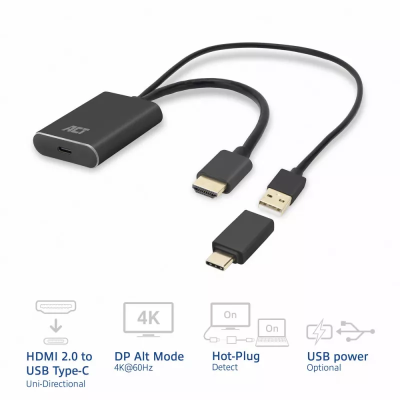 ACT Adaptador HDMI a conector hembra USB Type-C, 4K@60Hz. Longitud del cable: 0,25 m, conexión 1: USB Type-C, conexión 2: HDMI + USB. Cantidad por paquete: 1 ud.