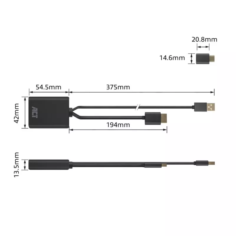 ACT Adaptador HDMI a conector hembra USB Type-C, 4K@60Hz. Longitud del cable: 0,25 m, conexión 1: USB Type-C, conexión 2: HDMI + USB. Cantidad por paquete: 1 ud.