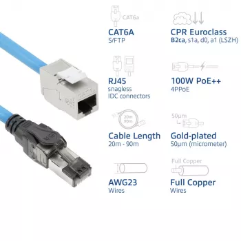 ACT Azul 45 metros S/FTP CAT6A B2ca PoE++ 100W cable de instalación fijo preensamblado, RJ45 macho – hembra
