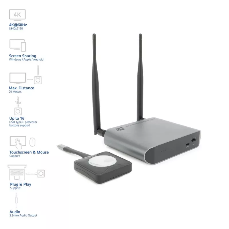 ACT Aero 4K sistema de presentación inalámbrico, sobremesa, negro, gris, 3840 x 2160, 2160p, USB Type-C, USB
