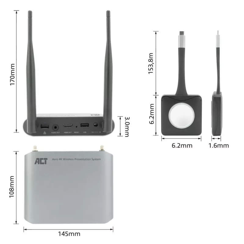 ACT Aero 4K sistema de presentación inalámbrico, sobremesa, negro, gris, 3840 x 2160, 2160p, USB Type-C, USB