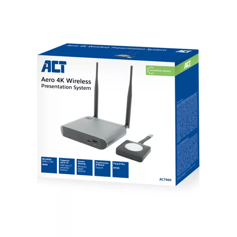 ACT Aero 4K sistema de presentación inalámbrico, sobremesa, negro, gris, 3840 x 2160, 2160p, USB Type-C, USB