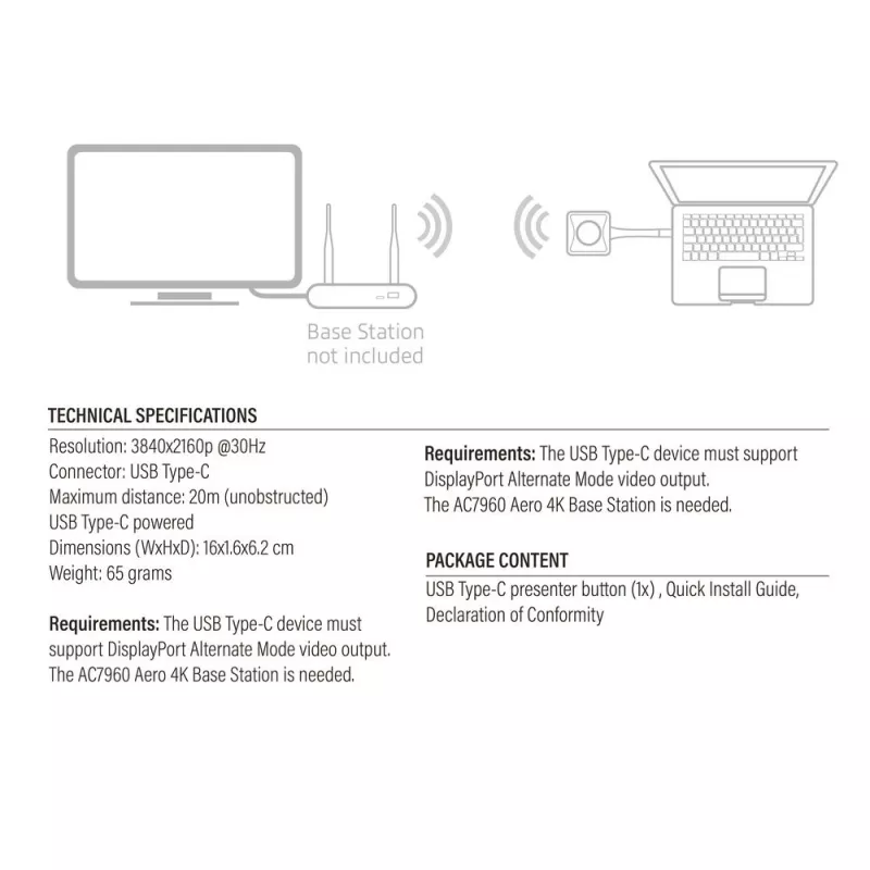 ACT Aero 4K Presenter Button, kit de botones, negro, 1 ud., 3840 x 2160, Aero 4K sistema de presentación inalámbrico, 0 - 40 °C