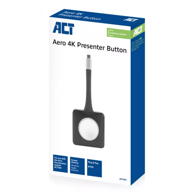 ACT Aero 4K Presenter Button, kit de botones, negro, 1 ud., 3840 x 2160, Aero 4K sistema de presentación inalámbrico, 0 - 40 °C