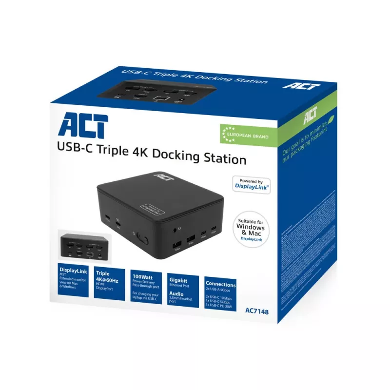 ACT Universal USB-C docking station 4K, para 3 monitores HDMI/DisplayPort, DisplayLink