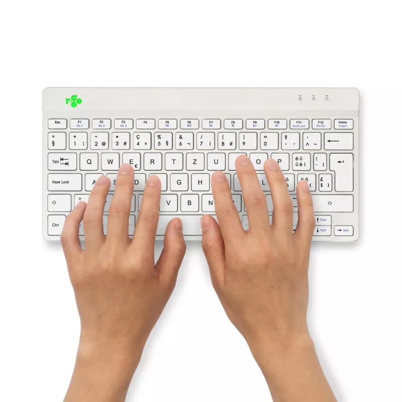 R-Go Tools teclado ergonómico R-Go Compact Break, teclado compacto con software de pausas, QWERTZ (CH), Bluetooth, blanco